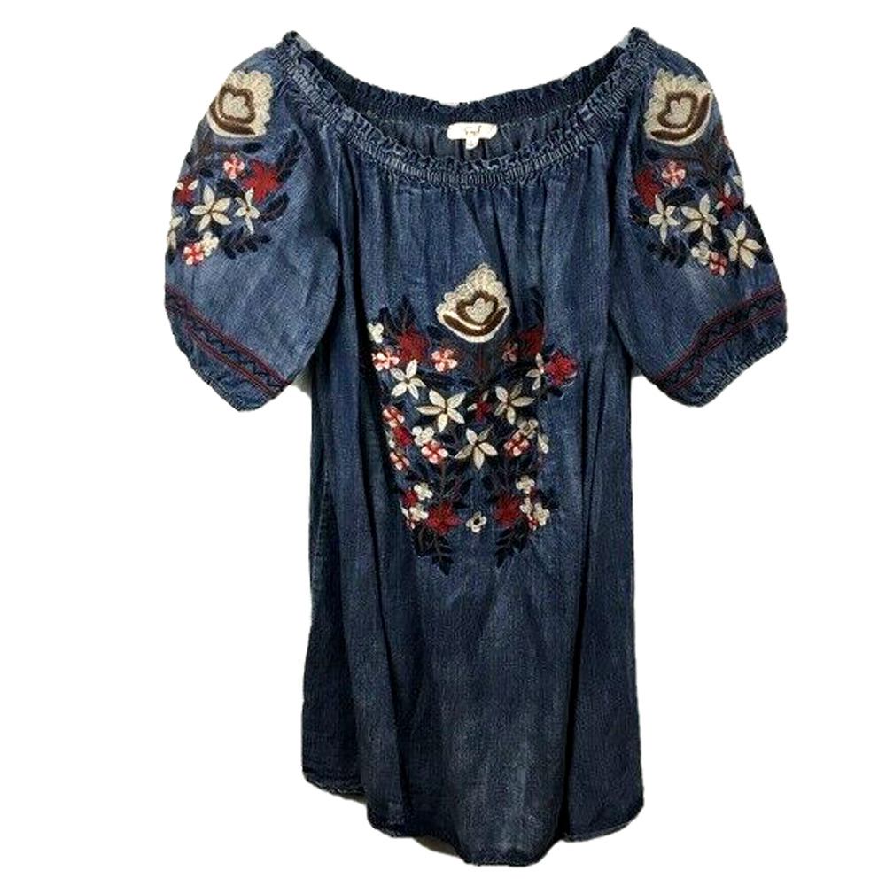 Easel Los Angeles Women's Small Embroidered Denim Boho Dress Long Tunic Mini